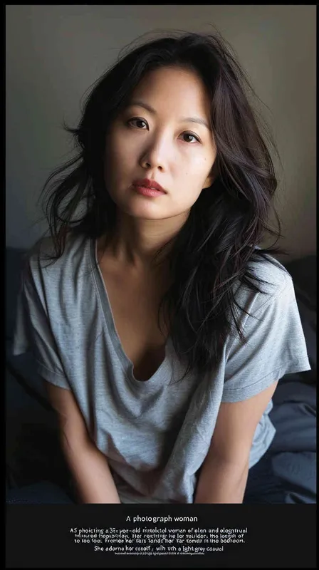 A full body photo of a 35 year old Asian intellectual and elegant woman. She had shoulder length hair, wearing a light gray casual shirt and dark black pants, standing in the bedroom looking at the camera with a gentle and indifferent expression, with a faint charming smile. Soft lighting displays skin details in high detail, with wrinkles on the skin. The dark and concise background gives this photo a realistic portrait style. Natural lighting, master photography, Sony portrait lens - style3部分