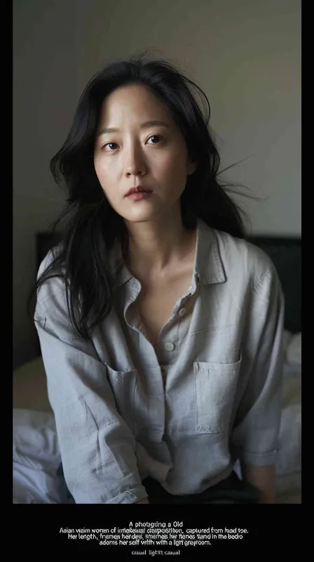A full body photo of a 35 year old Asian intellectual and elegant woman. She had shoulder length hair, wearing a light gray casual shirt and dark black pants, standing in the bedroom looking at the camera with a gentle and indifferent expression, with a faint charming smile. Soft lighting displays skin details in high detail, with wrinkles on the skin. The dark and concise background gives this photo a realistic portrait style. Natural lighting, master photography, Sony portrait lens - style4部分