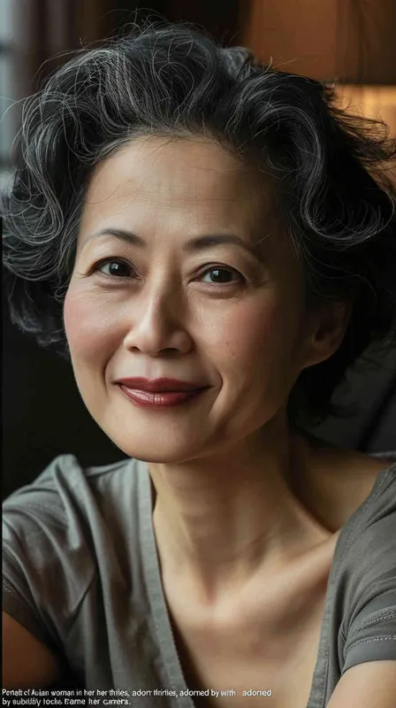 Portrait of an Asian woman in her thirties, smiling at the camera with soft lighting and natural makeup. She has short curly hair and is wearing casual attire. The background features a cozy home setting, emphasizing warmth and comfort. Her expression radiates positivity as she looks directly into the lens. This portrait captures candid moments that highlight both professional sophistication and personal charm. in the style of [Jeanloup Sieff](https://goo.gl/search?artist%20Jeanloup%20Sieff). --ar 19:32 - style2部分