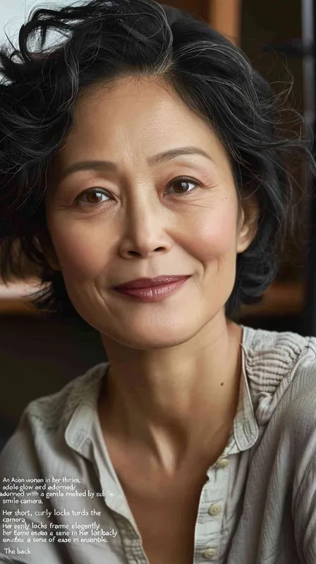 Portrait of an Asian woman in her thirties, smiling at the camera with soft lighting and natural makeup. She has short curly hair and is wearing casual attire. The background features a cozy home setting, emphasizing warmth and comfort. Her expression radiates positivity as she looks directly into the lens. This portrait captures candid moments that highlight both professional sophistication and personal charm. in the style of [Jeanloup Sieff](https://goo.gl/search?artist%20Jeanloup%20Sieff). --ar 19:32 - style3部分