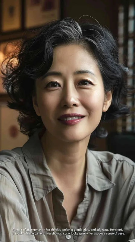 Portrait of an Asian woman in her thirties, smiling at the camera with soft lighting and natural makeup. She has short curly hair and is wearing casual attire. The background features a cozy home setting, emphasizing warmth and comfort. Her expression radiates positivity as she looks directly into the lens. This portrait captures candid moments that highlight both professional sophistication and personal charm. in the style of [Jeanloup Sieff](https://goo.gl/search?artist%20Jeanloup%20Sieff). --ar 19:32 - style4部分
