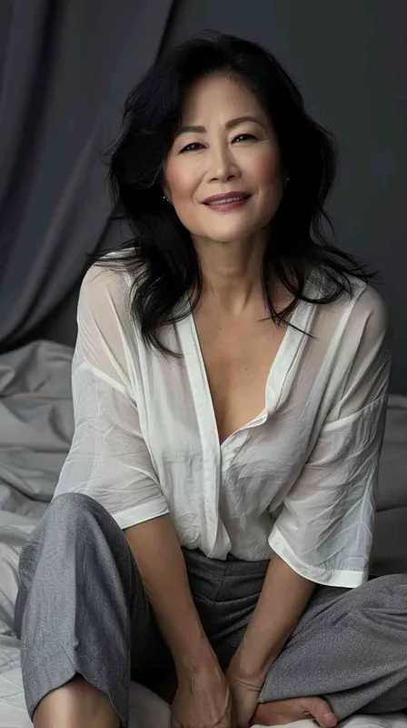  A professional photo of an Asian woman in her late thirties, wearing grey pants and a white v-neck top sitting on the bed with a gray background. She has shoulder-length black hair and is smiling at the camera. The lighting is soft and even with no harsh shadows. --ar 37:64 - style1部分