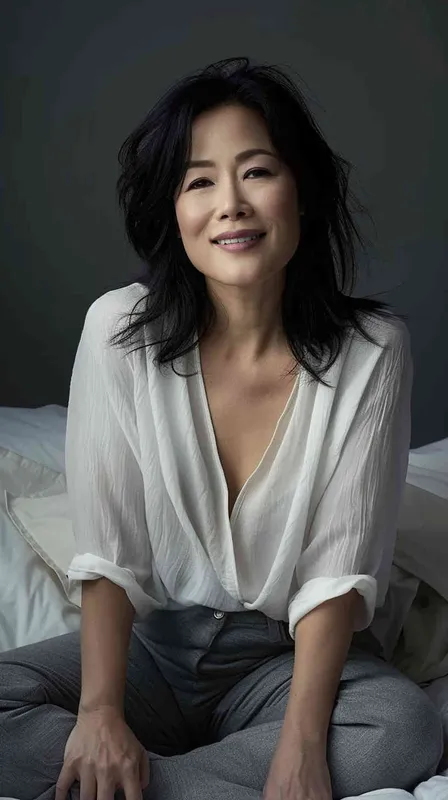  A professional photo of an Asian woman in her late thirties, wearing grey pants and a white v-neck top sitting on the bed with a gray background. She has shoulder-length black hair and is smiling at the camera. The lighting is soft and even with no harsh shadows. --ar 37:64 - style2部分