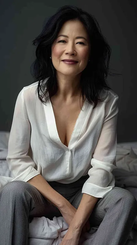  A professional photo of an Asian woman in her late thirties, wearing grey pants and a white v-neck top sitting on the bed with a gray background. She has shoulder-length black hair and is smiling at the camera. The lighting is soft and even with no harsh shadows. --ar 37:64 - style3部分