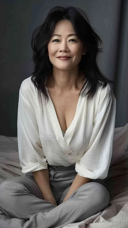  A professional photo of an Asian woman in her late thirties, wearing grey pants and a white v-neck top sitting on the bed with a gray background. She has shoulder-length black hair and is smiling at the camera. The lighting is soft and even with no harsh shadows. --ar 37:64 - style4部分