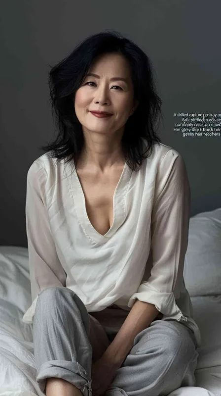A professional photo of an Asian woman in her late thirties, wearing grey pants and a white v-neck top sitting on the bed with a gray background. She has shoulder-length black hair and is smiling at the camera. The lighting is soft and even with no harsh shadows. - style1部分