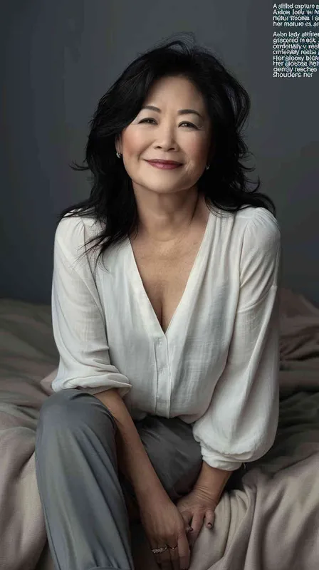 A professional photo of an Asian woman in her late thirties, wearing grey pants and a white v-neck top sitting on the bed with a gray background. She has shoulder-length black hair and is smiling at the camera. The lighting is soft and even with no harsh shadows. - style2部分
