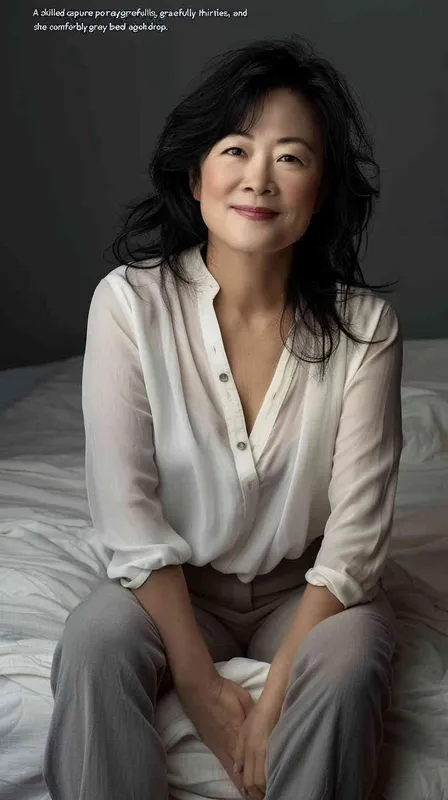 A professional photo of an Asian woman in her late thirties, wearing grey pants and a white v-neck top sitting on the bed with a gray background. She has shoulder-length black hair and is smiling at the camera. The lighting is soft and even with no harsh shadows. - style3部分
