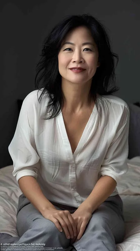 A professional photo of an Asian woman in her late thirties, wearing grey pants and a white v-neck top sitting on the bed with a gray background. She has shoulder-length black hair and is smiling at the camera. The lighting is soft and even with no harsh shadows. - style4部分