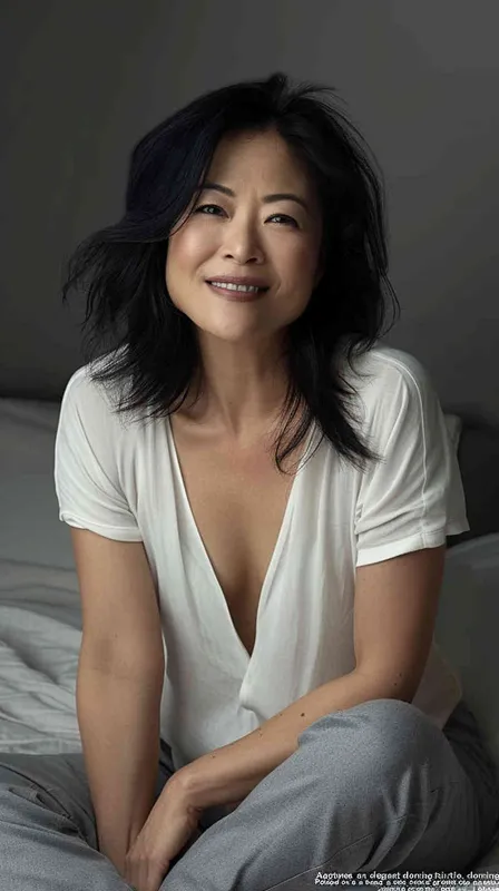 A professional photo of an Asian woman in her late thirties, wearing grey pants and a white v-neck top sitting on the bed with a gray background. She has shoulder-length black hair and is smiling at the camera. The lighting is soft and even with no harsh shadows.  – AI绘画作品展示 | Midjourney中文版生成