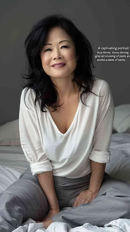 A professional photo of an Asian woman in her late thirties, wearing grey pants and a white v-neck top sitting on the bed with a gray background. She has shoulder-length black hair and is smiling at the camera. The lighting is soft and even with no harsh shadows.  - style2部分