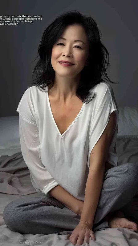 A professional photo of an Asian woman in her late thirties, wearing grey pants and a white v-neck top sitting on the bed with a gray background. She has shoulder-length black hair and is smiling at the camera. The lighting is soft and even with no harsh shadows.  - style3部分
