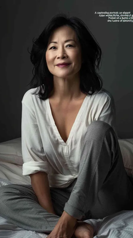 A professional photo of an Asian woman in her late thirties, wearing grey pants and a white v-neck top sitting on the bed with a gray background. She has shoulder-length black hair and is smiling at the camera. The lighting is soft and even with no harsh shadows.  - style4部分