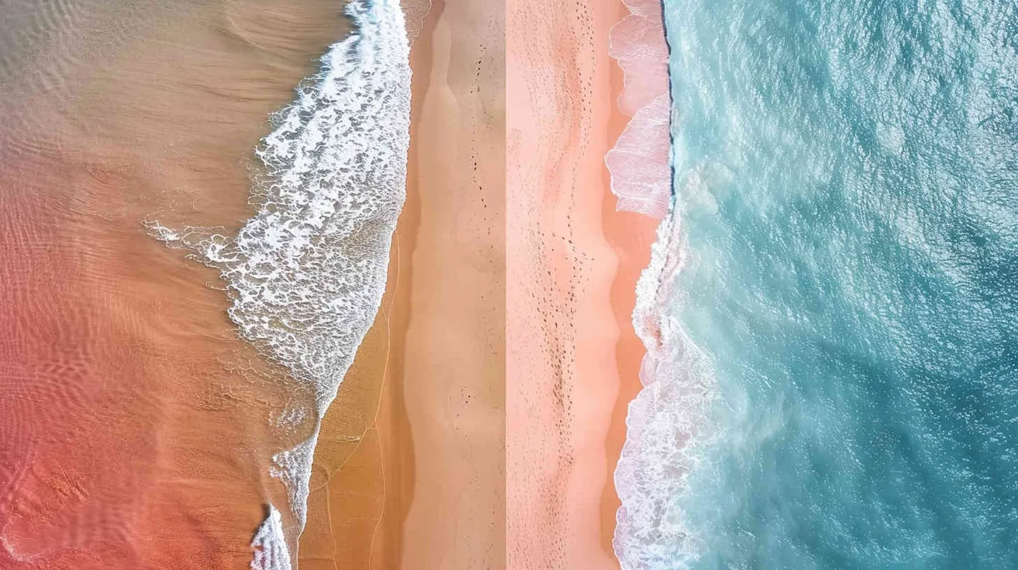 俯视广角角度，左边一个孕妇妈妈形状组成的海岸线，画面唯美，右边是 极简的美丽沙滩，暖色系，有一些粉红色， - style2部分