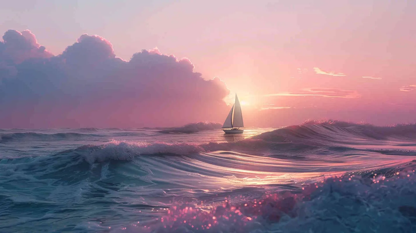 一个俯视广角的海岸线，卷起的浪花组成孕妇妈妈的形象，海里有一艘小帆船，画面粉色暖光，充满希望，画面很干净简洁 - style2部分