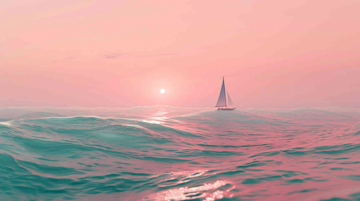 一个俯视广角的海岸线，卷起的浪花组成孕妇妈妈的形象，海里有一艘小帆船，画面粉色暖光，充满希望，画面很干净简洁 - style4部分