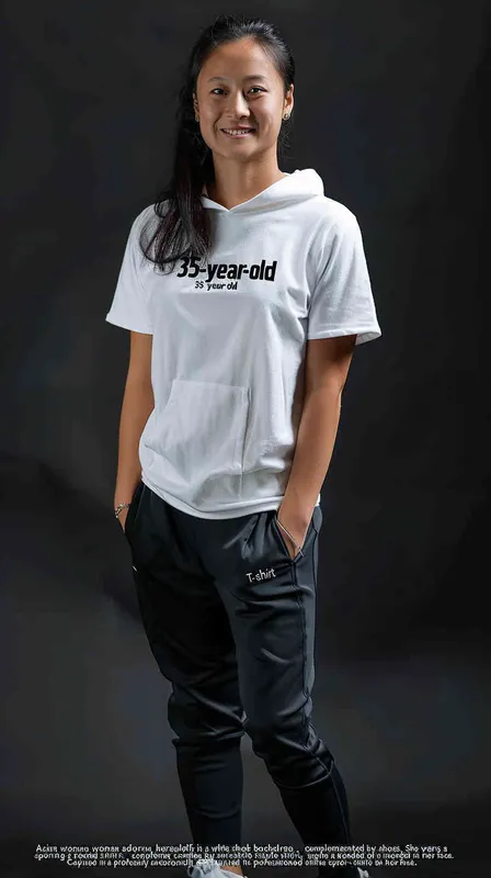 A 35 year old Asian woman wearing a white short sleeved T-shirt with a black background, sports pants and shoes, a hooded style shirt with a smile on her face, a full body photo of an Asian woman sports, looking at the camera, high-resolution, professional photos, full HD, realistic skin texture, no text or letters, front view, master photography, super realistic photography, portrait works - style1部分