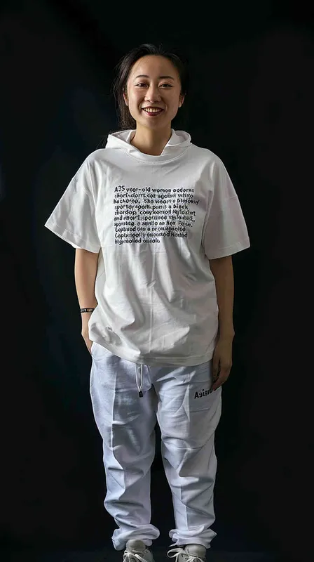 A 35 year old Asian woman wearing a white short sleeved T-shirt with a black background, sports pants and shoes, a hooded style shirt with a smile on her face, a full body photo of an Asian woman sports, looking at the camera, high-resolution, professional photos, full HD, realistic skin texture, no text or letters, front view, master photography, super realistic photography, portrait works - style2部分