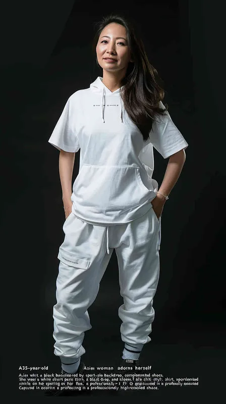 A 35 year old Asian woman wearing a white short sleeved T-shirt with a black background, sports pants and shoes, a hooded style shirt with a smile on her face, a full body photo of an Asian woman sports, looking at the camera, high-resolution, professional photos, full HD, realistic skin texture, no text or letters, front view, master photography, super realistic photography, portrait works - style3部分