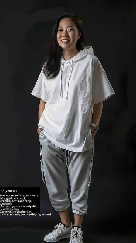 A 35 year old Asian woman wearing a white short sleeved T-shirt with a black background, sports pants and shoes, a hooded style shirt with a smile on her face, a full body photo of an Asian woman sports, looking at the camera, high-resolution, professional photos, full HD, realistic skin texture, no text or letters, front view, master photography, super realistic photography, portrait works - style4部分