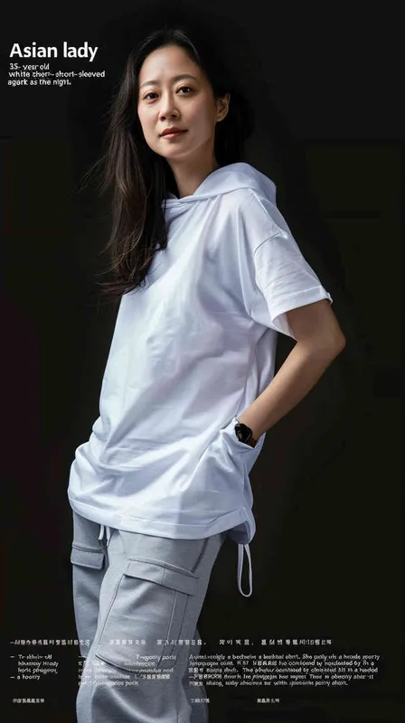 A 35 year old Asian woman wearing a white short sleeved T-shirt with a black background, sports pants and shoes, a hooded style shirt with a smile on her face, a full body photo of an Asian woman sports, looking at the camera, high-resolution, professional photos, full HD, realistic skin texture, no text or letters, front view, master photography, super realistic photography, portrait works  - style2部分