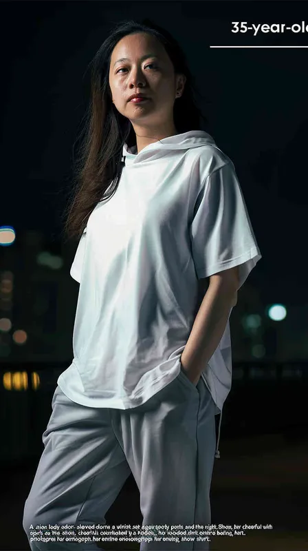 A 35 year old Asian woman wearing a white short sleeved T-shirt with a black background, sports pants and shoes, a hooded style shirt with a smile on her face, a full body photo of an Asian woman sports, looking at the camera, high-resolution, professional photos, full HD, realistic skin texture, no text or letters, front view, master photography, super realistic photography, portrait works  - style3部分