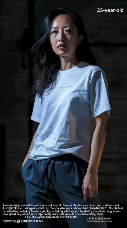 A 35 year old Asian woman wearing a white short sleeved T-shirt with a black background, sports pants and shoes, a hooded style shirt with a smile on her face, a full body photo of an Asian woman sports, looking at the camera, high-resolution, professional photos, full HD, realistic skin texture, no text or letters, front view, master photography, super realistic photography, portrait works  - style4部分