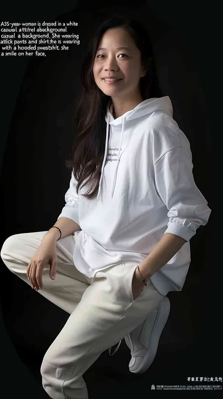 一名亚洲35岁女子身穿白色休闲职业装，黑色背景，穿着运动裤和运动鞋，穿着连帽衫风格的衬衫，面带微笑，一张亚洲女子运动的全身照片，看着镜头，高分辨率，专业照片，全高清，逼真的皮肤纹理，没有文字或字母，正视图，大师摄影，超写实摄影，人像作品 - style4部分