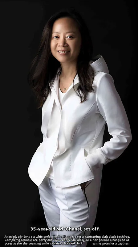A 35 year old Asian woman wearing a white Chanel style professional suit with a black background, sports pants and shoes, a hooded style shirt, a smile on her face, a full body photo of an Asian woman sports, looking at the camera, high-resolution, professional photos, full HD, realistic skin texture, no text or letters, front view, master photography, super realistic photography, portrait works - style1部分
