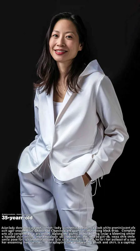 A 35 year old Asian woman wearing a white Chanel style professional suit with a black background, sports pants and shoes, a hooded style shirt, a smile on her face, a full body photo of an Asian woman sports, looking at the camera, high-resolution, professional photos, full HD, realistic skin texture, no text or letters, front view, master photography, super realistic photography, portrait works - style3部分