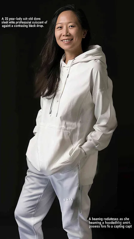 A 35 year old Asian woman wearing a white Chanel style professional suit with a black background, sports pants and shoes, a hooded style shirt, a smile on her face, a full body photo of an Asian woman sports, looking at the camera, high-resolution, professional photos, full HD, realistic skin texture, no text or letters, front view, master photography, super realistic photography, portrait works - style4部分