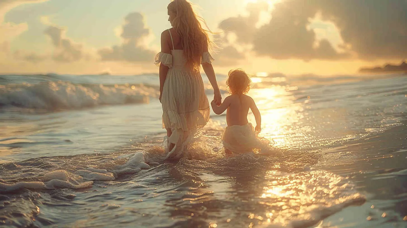 a mother is seen walking across the white water in the middle, in the style of david burdeny, digital airbrushing, monia merlo, dry wit humor, coastal scenery, colorful washes  - style1部分