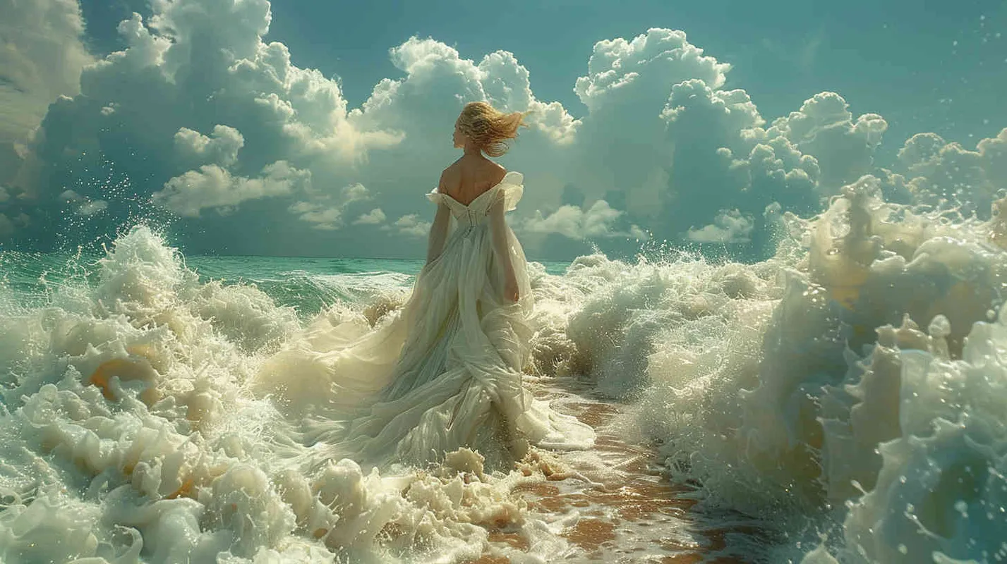 a mother is seen walking across the white water in the middle, in the style of david burdeny, digital airbrushing, monia merlo, dry wit humor, coastal scenery, colorful washes  - style2部分