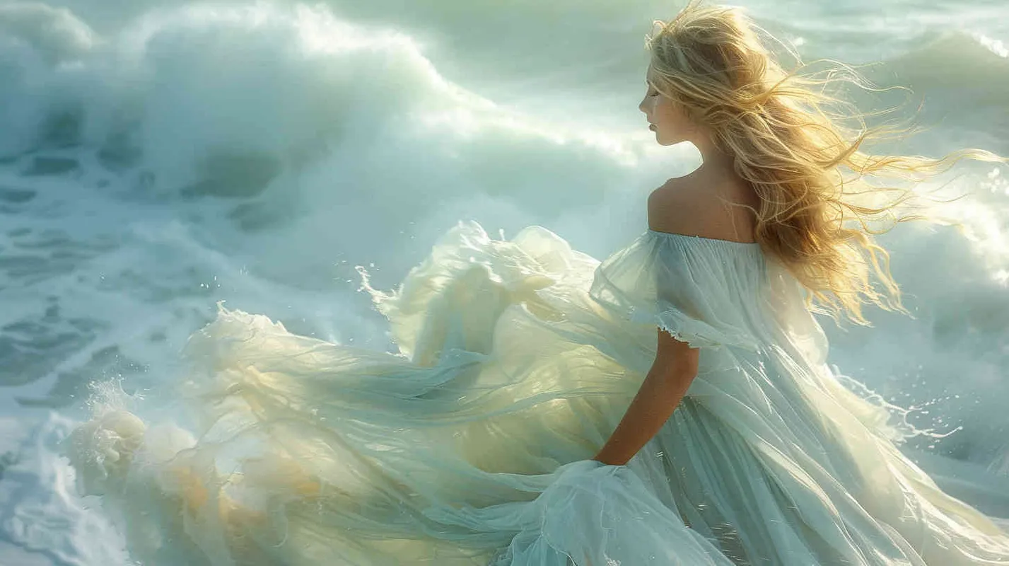 a mother is seen walking across the white water in the middle, in the style of david burdeny, digital airbrushing, monia merlo, dry wit humor, coastal scenery, colorful washes  - style3部分
