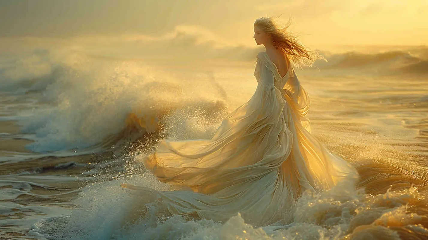 a mother is seen walking across the white water in the middle, in the style of david burdeny, digital airbrushing, monia merlo, dry wit humor, coastal scenery, colorful washes  - style4部分