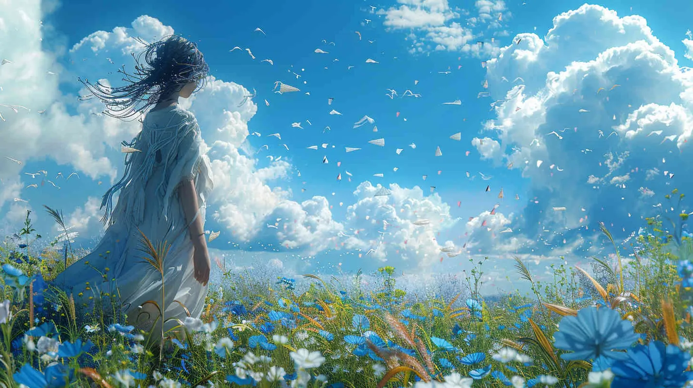 A mother flies in a field with blue fishing kites, in the style of large-scale installations, japanese-inspired, hyperrealistic marine life, uhd image, sky-blue and white, black hair, very short hair, Surrealism, cinematic lighting –ar 3:4 – – AI绘画作品展示 | Midjourney中文版生成