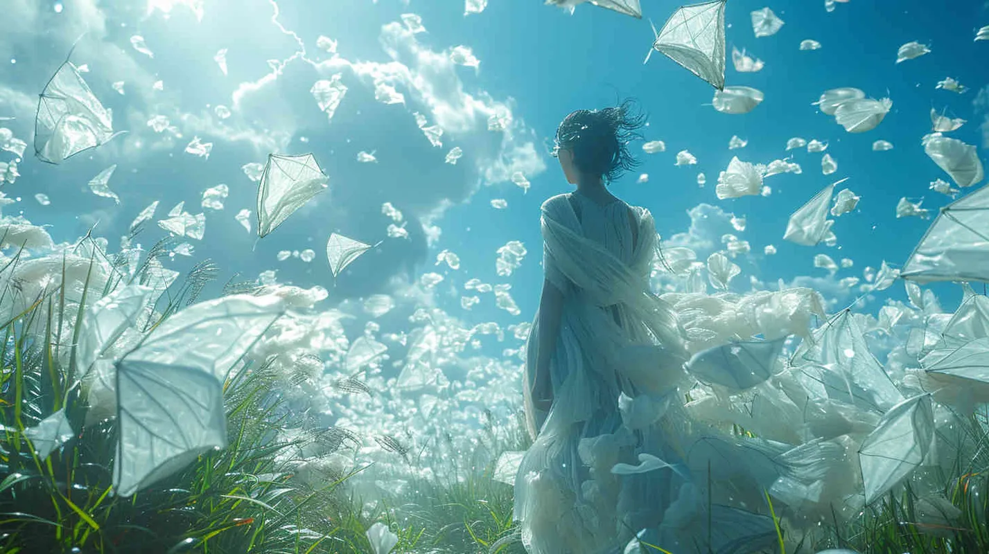 A mother flies in a field with blue fishing kites, in the style of large-scale installations, japanese-inspired, hyperrealistic marine life, uhd image, sky-blue and white, black hair, very short hair, Surrealism, cinematic lighting --ar 3:4 - - style2部分