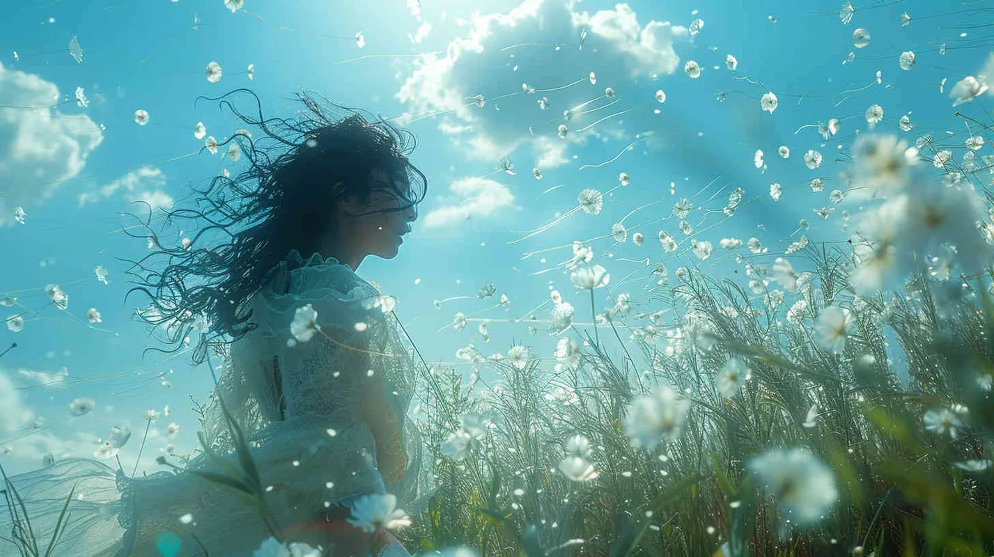 A mother flies in a field with blue fishing kites, in the style of large-scale installations, japanese-inspired, hyperrealistic marine life, uhd image, sky-blue and white, black hair, very short hair, Surrealism, cinematic lighting --ar 3:4 - - style3部分