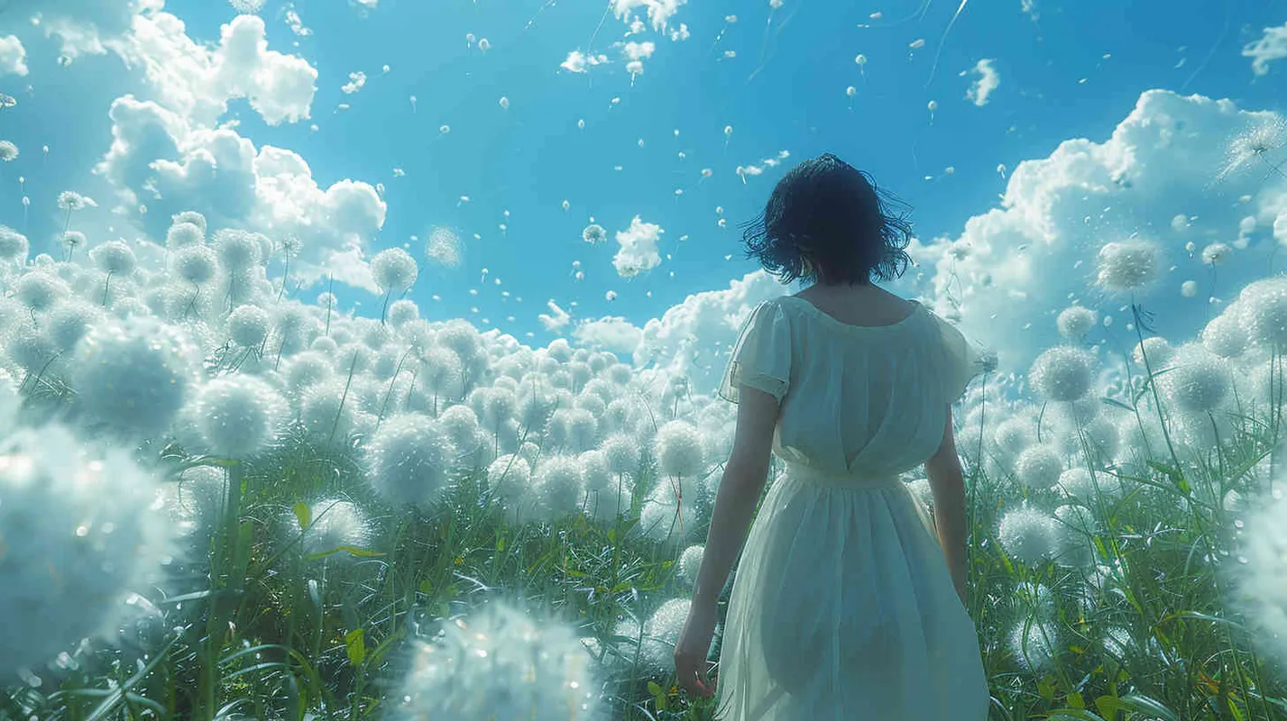 A mother flies in a field with blue fishing kites, in the style of large-scale installations, japanese-inspired, hyperrealistic marine life, uhd image, sky-blue and white, black hair, very short hair, Surrealism, cinematic lighting --ar 3:4 - - style4部分