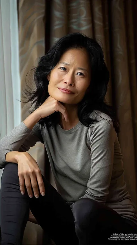 A portrait of an Asian woman in her mid-40s, sitting on the floor with one hand resting against her chin and smiling at the camera. She has shoulder-length black hair, wearing a grey long-sleeved shirt paired with dark leggings. The background is a hotel room with soft lighting from curtains, creating gentle shadows that accentuate facial features. Her pose suggests she is relaxed yet confident as if reflecting or posing for a photo. Shot in the style of Canon EOS R5 using a prime lens to capture sharp details.  - style1部分