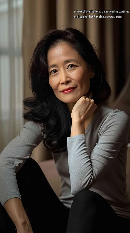 A portrait of an Asian woman in her mid-40s, sitting on the floor with one hand resting against her chin and smiling at the camera. She has shoulder-length black hair, wearing a grey long-sleeved shirt paired with dark leggings. The background is a hotel room with soft lighting from curtains, creating gentle shadows that accentuate facial features. Her pose suggests she is relaxed yet confident as if reflecting or posing for a photo. Shot in the style of Canon EOS R5 using a prime lens to capture sharp details.  - style2部分