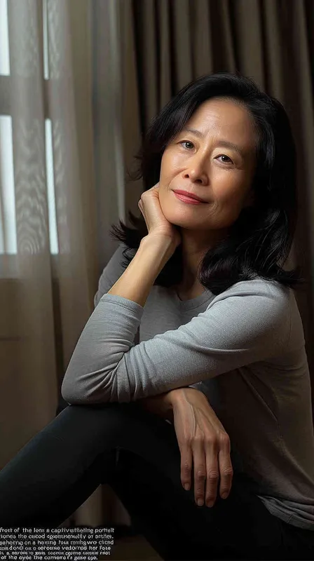 A portrait of an Asian woman in her mid-40s, sitting on the floor with one hand resting against her chin and smiling at the camera. She has shoulder-length black hair, wearing a grey long-sleeved shirt paired with dark leggings. The background is a hotel room with soft lighting from curtains, creating gentle shadows that accentuate facial features. Her pose suggests she is relaxed yet confident as if reflecting or posing for a photo. Shot in the style of Canon EOS R5 using a prime lens to capture sharp details.  - style4部分