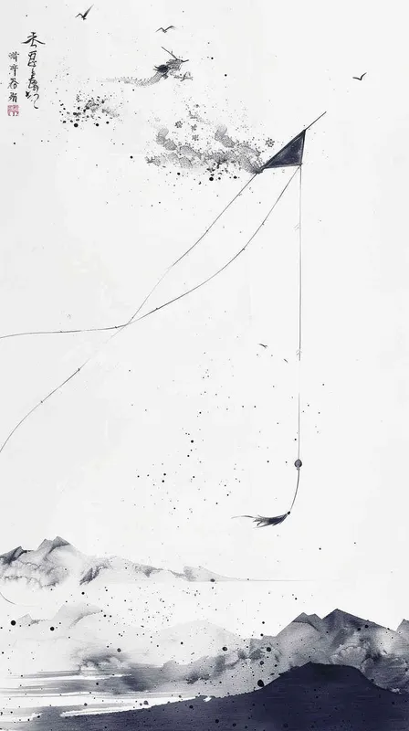 画面以宁静的天空为背景，呈现出淡淡的天蓝色，几乎接近白色，象征着晴朗的春日天空。在这片留白的天空中，一只传统的中国风格风筝翱翔其上，其设计融合了龙、凤和云纹等古典元素，线条以流畅的黑色墨迹勾勒而成，墨色从深到浅自然过渡，展现出水墨画特有的浓淡变化和层次感。

风筝的材质模仿着纸质的轻盈与脆弱，边缘故意留有些许不规则，增加了自然和手工艺的感觉。风筝的尾部装饰着细长的流苏，它们随风摆动，形成一种动态的视觉效果，流苏的线条曲折有致，表现出风的吹拂和风筝的飘动。

在风筝的某些部分，故意留下的墨迹飞白增加了画面的层次感和艺术感，这些细微的墨点仿佛是风的印记，让整个画面更加生动。风筝线则以细而流畅的线条表现，它曲折延伸，连接着风筝与放风筝的人，展现出一种微妙的联系。

整个画面的氛围宁静而优雅，体现了水墨画的意境美。墨色的变化和线条的流畅共同营造出一种轻盈飘逸的感觉，让人联想到春天里放风筝的愉悦场景 - style1部分
