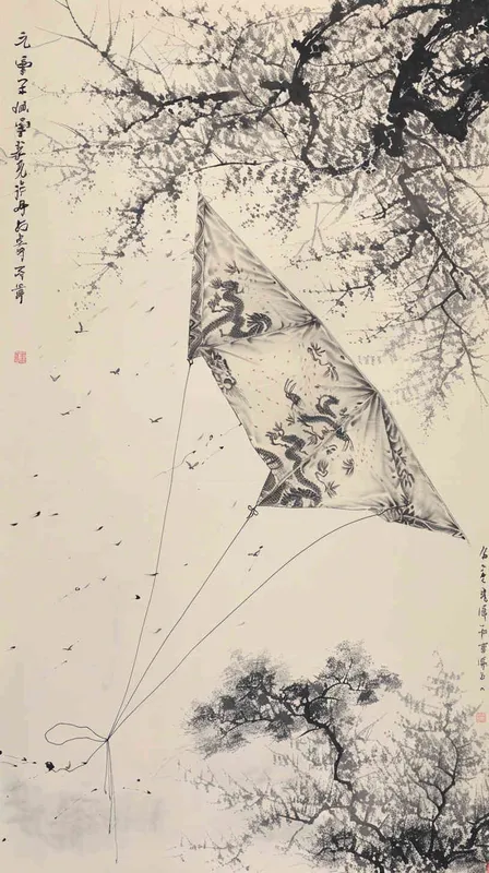 画面以宁静的天空为背景，呈现出淡淡的天蓝色，几乎接近白色，象征着晴朗的春日天空。在这片留白的天空中，一只传统的中国风格风筝翱翔其上，其设计融合了龙、凤和云纹等古典元素，线条以流畅的黑色墨迹勾勒而成，墨色从深到浅自然过渡，展现出水墨画特有的浓淡变化和层次感。

风筝的材质模仿着纸质的轻盈与脆弱，边缘故意留有些许不规则，增加了自然和手工艺的感觉。风筝的尾部装饰着细长的流苏，它们随风摆动，形成一种动态的视觉效果，流苏的线条曲折有致，表现出风的吹拂和风筝的飘动。

在风筝的某些部分，故意留下的墨迹飞白增加了画面的层次感和艺术感，这些细微的墨点仿佛是风的印记，让整个画面更加生动。风筝线则以细而流畅的线条表现，它曲折延伸，连接着风筝与放风筝的人，展现出一种微妙的联系。

整个画面的氛围宁静而优雅，体现了水墨画的意境美。墨色的变化和线条的流畅共同营造出一种轻盈飘逸的感觉，让人联想到春天里放风筝的愉悦场景 - style3部分