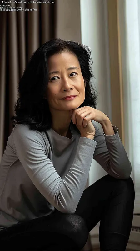A portrait of an Asian woman in her mid-40s, sitting on the floor with one hand resting against her chin and smiling at the camera. She has shoulder-length black hair, wearing a grey long-sleeved shirt paired with dark leggings. The background is a hotel room with soft lighting from curtains, creating gentle shadows that accentuate facial features. Her pose suggests she is relaxed yet confident as if reflecting or posing for a photo. Shot in the style of Canon EOS R5 using a prime lens to capture sharp details. – AI绘画作品展示 | Midjourney中文版生成