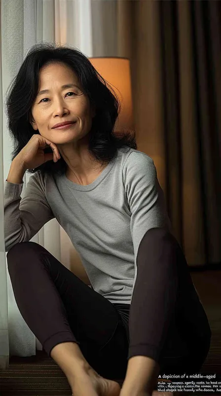 A portrait of an Asian woman in her mid-40s, sitting on the floor with one hand resting against her chin and smiling at the camera. She has shoulder-length black hair, wearing a grey long-sleeved shirt paired with dark leggings. The background is a hotel room with soft lighting from curtains, creating gentle shadows that accentuate facial features. Her pose suggests she is relaxed yet confident as if reflecting or posing for a photo. Shot in the style of Canon EOS R5 using a prime lens to capture sharp details. - style3部分