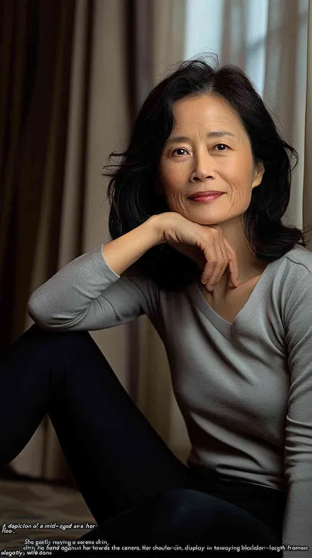 A portrait of an Asian woman in her mid-40s, sitting on the floor with one hand resting against her chin and smiling at the camera. She has shoulder-length black hair, wearing a grey long-sleeved shirt paired with dark leggings. The background is a hotel room with soft lighting from curtains, creating gentle shadows that accentuate facial features. Her pose suggests she is relaxed yet confident as if reflecting or posing for a photo. Shot in the style of Canon EOS R5 using a prime lens to capture sharp details. - style4部分