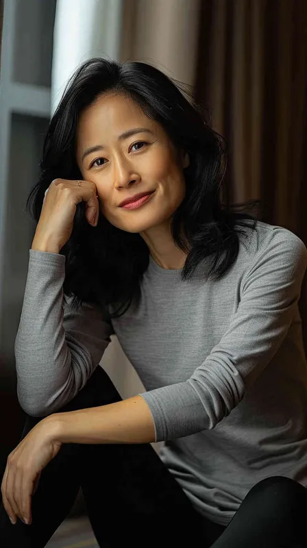 A portrait of an Asian woman in her mid-35s, sitting on the floor with one hand resting against her chin and smiling at the camera. She has shoulder-length black hair, wearing a grey long-sleeved shirt paired with dark leggings. The background is a hotel room with soft lighting from curtains, creating gentle shadows that accentuate facial features. Her pose suggests she is relaxed yet confident as if reflecting or posing for a photo. Shot in the style of Canon EOS R5 using a prime lens to capture sharp details. - style1部分