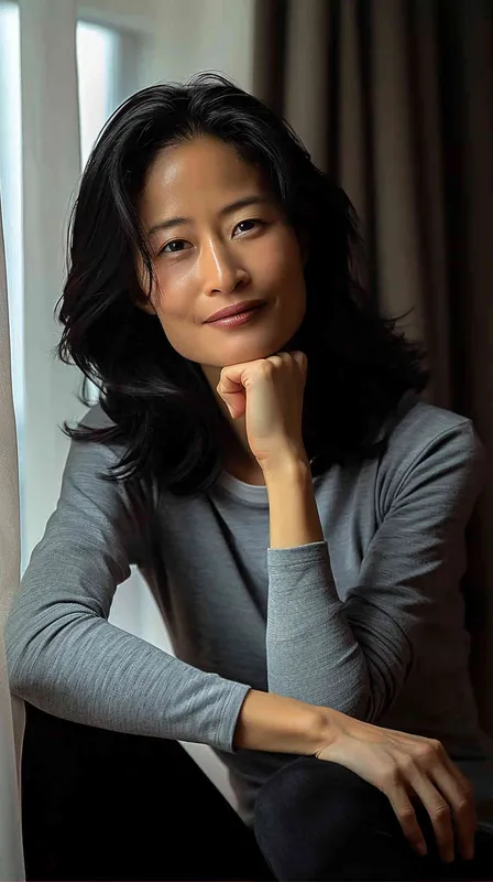 A portrait of an Asian woman in her mid-35s, sitting on the floor with one hand resting against her chin and smiling at the camera. She has shoulder-length black hair, wearing a grey long-sleeved shirt paired with dark leggings. The background is a hotel room with soft lighting from curtains, creating gentle shadows that accentuate facial features. Her pose suggests she is relaxed yet confident as if reflecting or posing for a photo. Shot in the style of Canon EOS R5 using a prime lens to capture sharp details. - style2部分