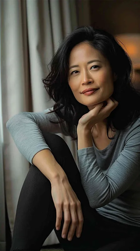 A portrait of an Asian woman in her mid-35s, sitting on the floor with one hand resting against her chin and smiling at the camera. She has shoulder-length black hair, wearing a grey long-sleeved shirt paired with dark leggings. The background is a hotel room with soft lighting from curtains, creating gentle shadows that accentuate facial features. Her pose suggests she is relaxed yet confident as if reflecting or posing for a photo. Shot in the style of Canon EOS R5 using a prime lens to capture sharp details. - style3部分